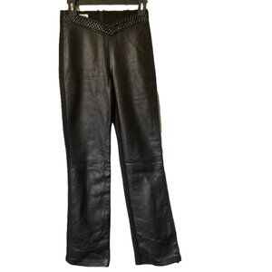 Cache drop waist black genuine leather pants with braided trim